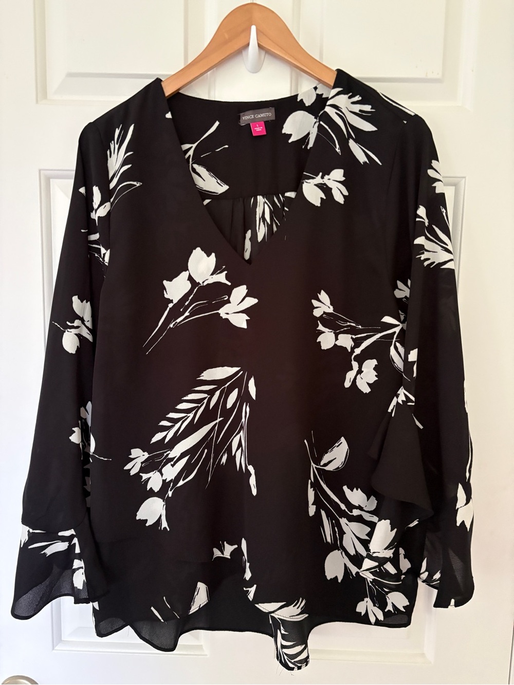 Vince Camuto Large Black & White Floral V-Neck Blouse